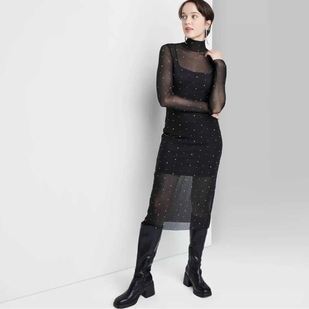 Women's Wild Fable Long Sleeve Rhinestone Mesh Midi Dress Black S